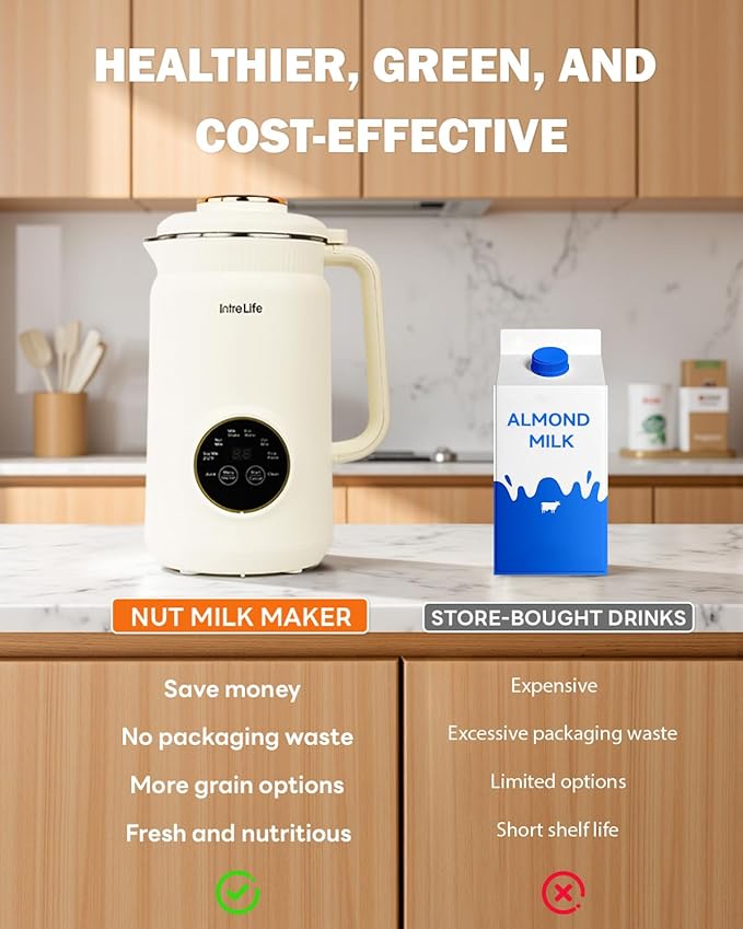 34 oz Nut Milk Maker Machine 8 in 1 Soy Milk Maker with Nut Milk Bag Plant Based Milk Maker for Almond Oat with Delay Start/Keep Warm/Self Cleaning Cream