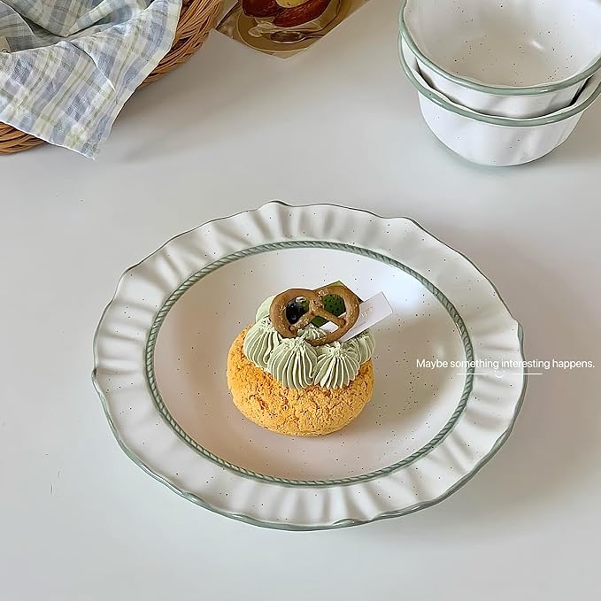 Ceramic Dinnerware Set White with Sesame Lace Design 2-Piece Set with 8.4-Inch Plate and 4.5-Inch Bowl