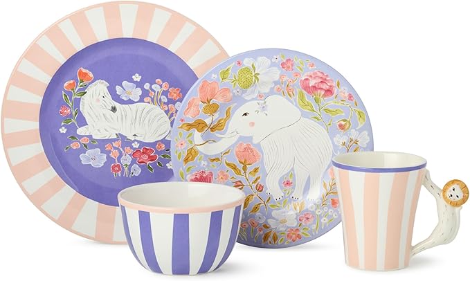 Menagerie 16-Piece Ceramic DINNERWARE SET SERVICE for 4 with Assorted Animal-Themed Dinner Plates Salad Plates 3-D Handle Mugs and Ice Cream Bowls in Pastel Circus Colors