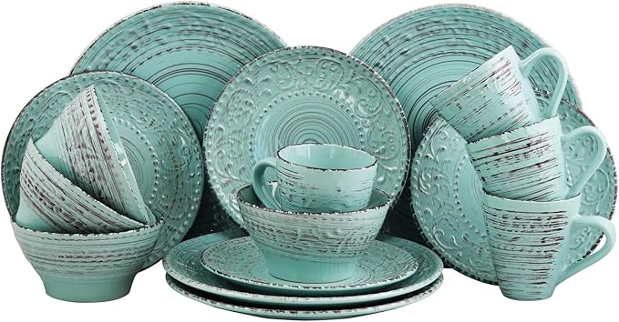 Unknown1 Ocean Waves 16-Piece Dinnerware Set in Turquoise Blue Textured Casual Round Stoneware 16 Piece Microwave Safe Medium