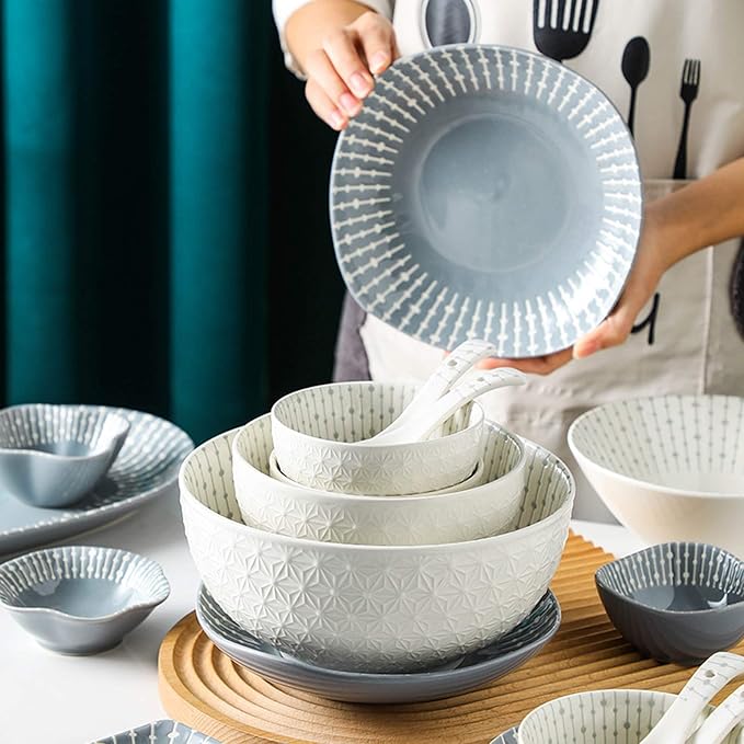 Ceramics Dinner Sets 42 Pieces Nordic Minimalist Style Cereal Bowl and Steak PlateRelief Porcelain Dinnerware Set for Family Gathering