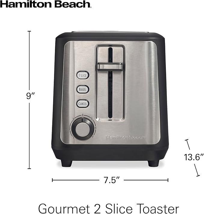 Hamilton Beach Gourmet 2 Slice Slot Toaster with Extra Long &amp Wide Slots Sure-Toast Technology Shade Selector with 7 Browning Levels Bagel Setting Matte Black and Stainless Steel (22996)