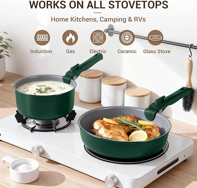 Ammeloo 18-Piece Ceramic Pots and Pans Set Non Stick Non Toxic Cookware Set with Removable Handles Pot Sets for Cooking Induction Ready Dishwasher &amp Oven Safe PFAS PFOA &amp PTFE Free (Hunte