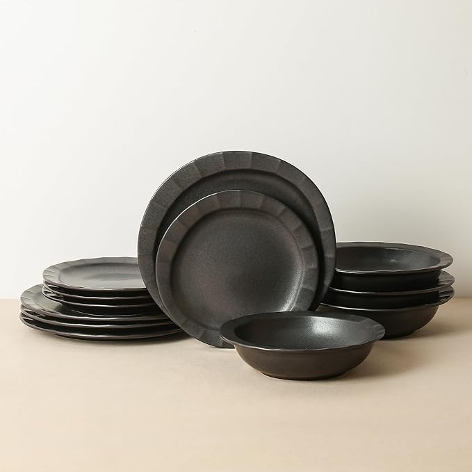 Stone Lain Oasis Stoneware 24 Piece Dinnerware Set Home Kitchen Dish Set with Dinner Plates Salad Plates &amp Bowls - Service for 8 Black