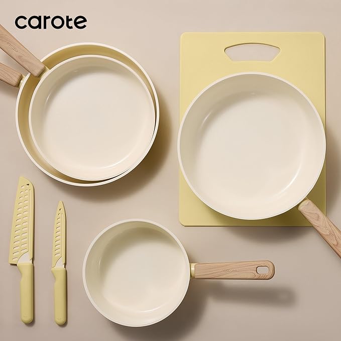CAROTE 24pcs Ceramic Cookware Set Pots and Pans Non Stick Kitchen Cookware Sets Pots and Pans Set Cooking Set with Knife Set