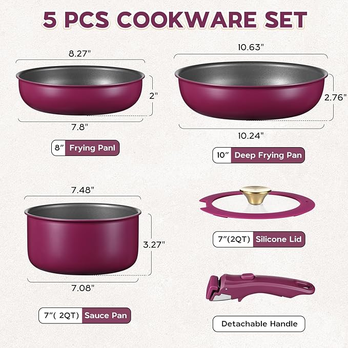 Walchoice 5Pcs Pots and Pans Set Granite Nonstick Cookware Set with Detachable Handle Stackable Kitchen Cooking Set with Saucepan Frying Pans Induction Compatible &amp Oven Safe - Purple