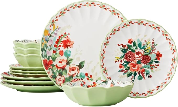 12 Piece Ceramic Dinnerware Set Floral Pattern Plates and Bowls for Everyday Use