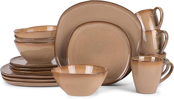 Elanze Designs 16-Piece Modern Luxury Chic Smooth Vintage Handmade Shape High Gloss Ceramic Stoneware Square Plate Mug &amp Bowl Kitchen Dinnerware 16 Piece Set - Service for 4 Brown