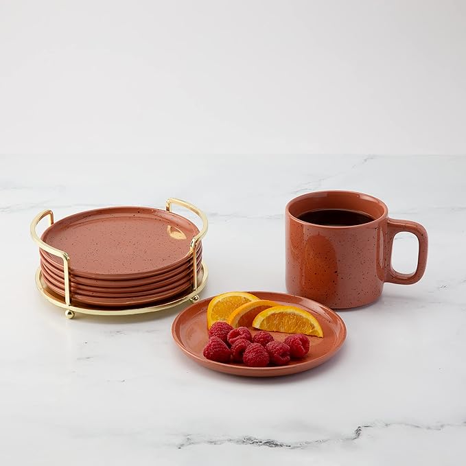 Thirstystone Dinnerware Plates &amp Iron Caddy for Carrying Assorted Speckled Designs Made from Ceramic Set of 6 - Mohave Mint