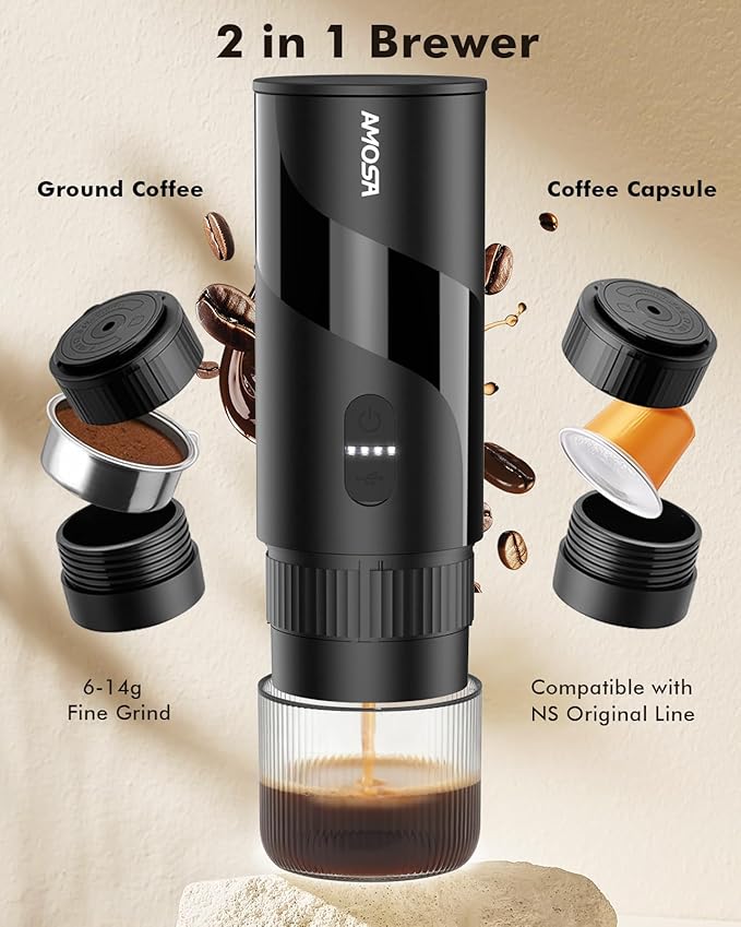 Portable Electric Espresso Machine &amp Manual Coffee Grinder &amp Electric Milk Frother All in 1 Mini Travel Coffee Maker Set for Camping Car RV Hiking Office Home Ground Coffee &amp NS Caps