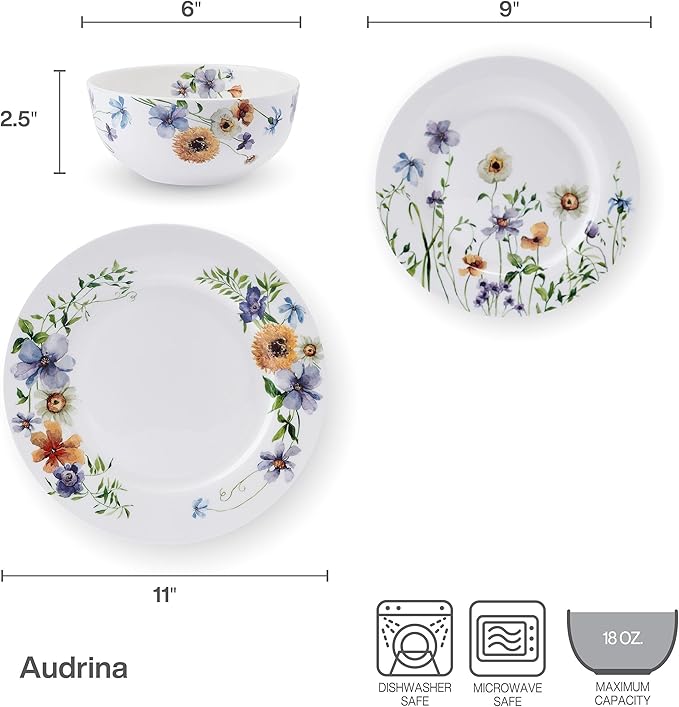 Mikasa Audrina Water Color Flowers Bone China Lightweight Chip Resistant 12 Piece Dinnerware Set Service for 4 White