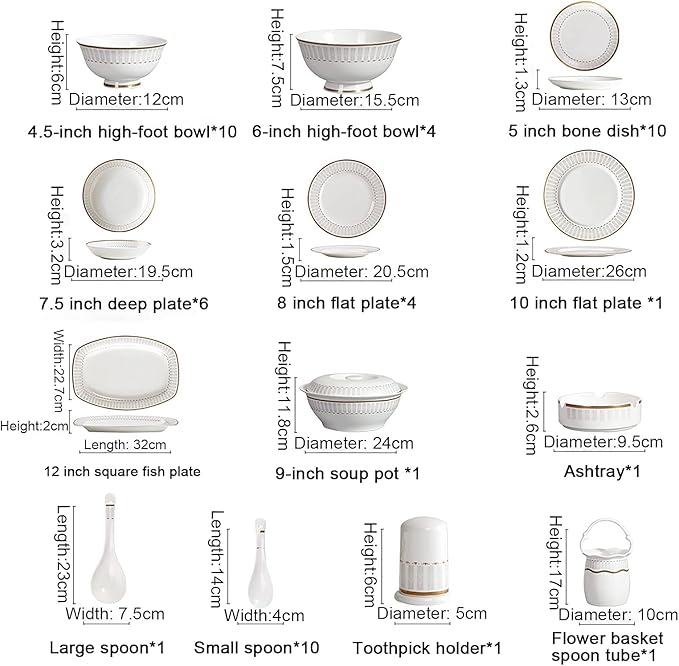 50 Pieces Dinner SetWhite Porcelain Bone China Tableware Set with Round Dessert Plates Soup Plates Dinner Plates Bowls Dishes Soup Pot Service for 10 People with Gold Rim