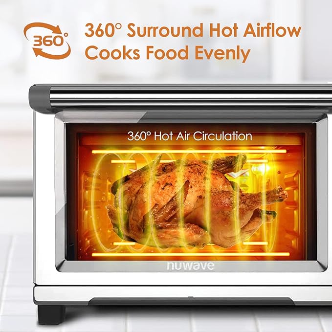 NUWAVE Bravo XL Air Fryer Convection Toaster Oven Countertop 112-in-1 Smart Grill Combo with Original Flavors &amp Marks Adjustable Heating Zones for Pizza Roast Bake 50-500°F Stainless Steel