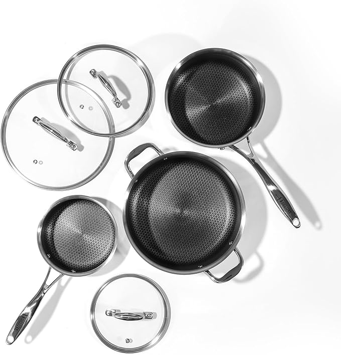 DELUXE Hybrid Ceramic Nonstick 6 PCS Pot Set 1.3 3&amp5.4-Quart Pot with Tempered Glass Lid Stainless Steel Cookware Pots with Stay-Cool Handle Dishwasher Safe Compatible with All Cooktops