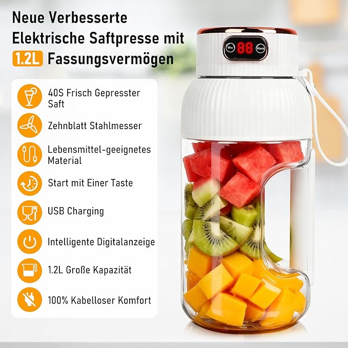 Portable Blender with Digital Display BPA-Free Personal Smoothie Maker Multifunctional Small Travel Blender Rechargeable Travel Juicer Cup for Shakes Office Gym and Outdoor Use