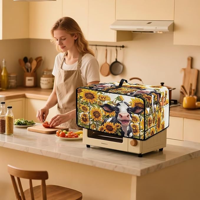 Cow Sunflower Print Toaster Oven Air Fryer Dust Cover Washable Heavy Duty Small Kitchen Appliance Dust Covers with Accessory Pockets Kitchen Accessories S