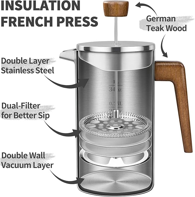 French Press Coffee Maker 34oz Stainless Steel Coffee Press Real Wood Handle Double Wall Insulated French Coffee Press with Dual-Filter Screen Perfect for Camping &amp Kitchen Use