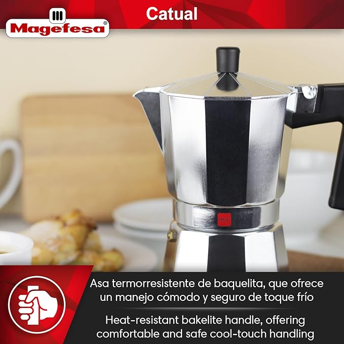 Magefesa Catual Italian Coffee Maker for 9 Cups Robust and Lightweight Aluminium Suitable for All Hobs Except Induction Ergonomic Handle Even Heat