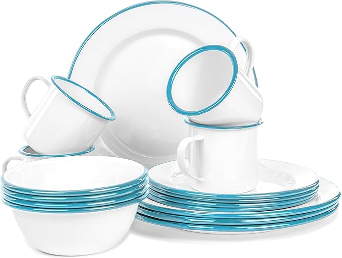 Red Co. 16-Piece Enamelware Metal Dinnerware Set for 4 Solid White/Teal Rim