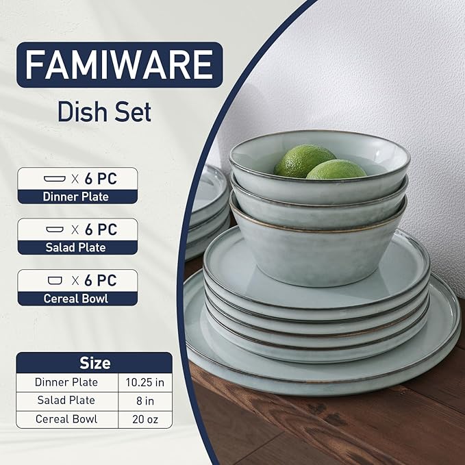 Famiware Annecy Dinner Plates and Bowls Sets Stoneware Dinnerware Sets Dishes Set for 6 18 Pieces Handmade Dishware Set - Microwave &amp Dishwasher Safe Double Reactive Glaze Tableware Grey-Blue