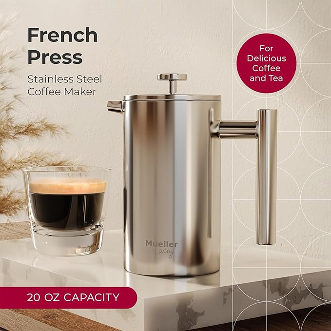 MuellerLiving French Press Coffee Maker 20oz Stainless Steel French Press Coffee 4 Filter Heat Resistant Double Insulated Rust-Free Food Grade Dishwasher Safe Coffee Pot