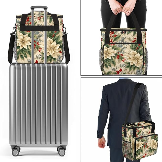 Holly Berry Flowers Coffee Maker Carrying Bag Retro Flowers Travel Storage Bag Compatible with K-Mini or K-Mini Plus Single Serve Coffee Brewer Carrying Case with Multiple Pockets &amp Shoulder Str