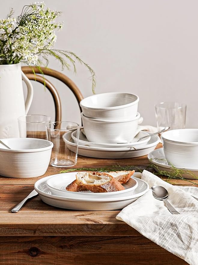 LE TAUCI Ceramic Plates and Bowls Set for 6 18-Piece Ceramic Dinnerware Set Farmhouse Dishes Set Microwave &amp Dishwasher Safe Stackable 10 Dinner+8 Salad Plates+6 Bowls White