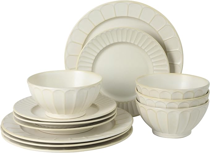 Gibson Elite Winchester Way 12-Piece Embossed Stoneware Dinnerware Set – Reactive Matte Glaze Durable Lightweight-Tech Plates &amp Bowls Everyday Dish Set Microwave &amp Dishwasher Safe – Off-Whi