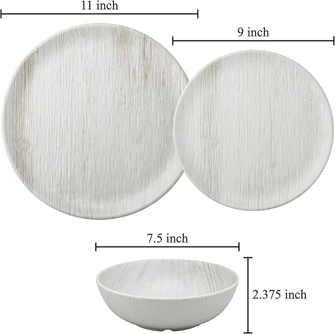 UPware 12 Piece Wood Grain Melamine Dinnerware Sets Outdoor Dishes Set Plates and Bowls Sets Service for 4 Gray