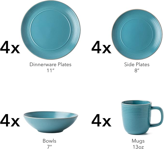 RINGAR Round Stoneware 16pc Dinnerware Set of 4 Dinner Plates Side Plates Cereal Bowls Mugs - Speckle Matte Turquoise (428693)