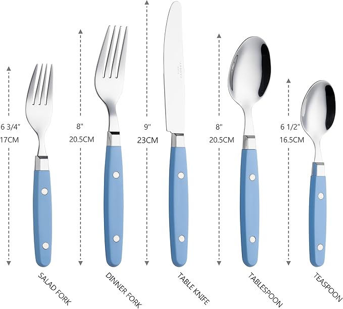 ANNOVA Silverware Set Retro/Rivet Colorful Stainless Steel Tableware Kitchen Flatware Set Utensils Includes Dinner Knives Forks Spoons Salad Forks &amp Dessert Spoons (Light Blue 20 Pieces)