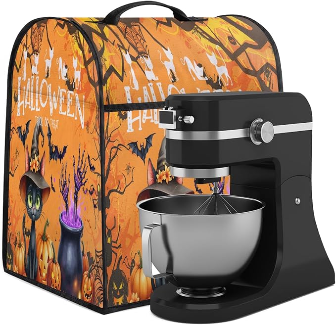 cfpolar Kitchen Aid Mixer Cover Compatible with 6-8 Quarts Halloween Orange Bat Cat Stand Mixer Cover Kitchen Aid Mixers Accessories Appliance Organizer Bag Dust Covers with Zipper Pocket