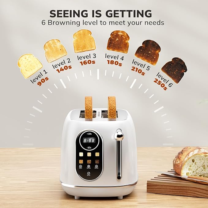 Keenstone Smart Touch Screen Toaster 2 Slice Retro Wide Slot Stainless Steel Toaster with 6 Browning Levels Reheat &amp Defrost for Bagel Toast Bread Removable Crumb Tray White