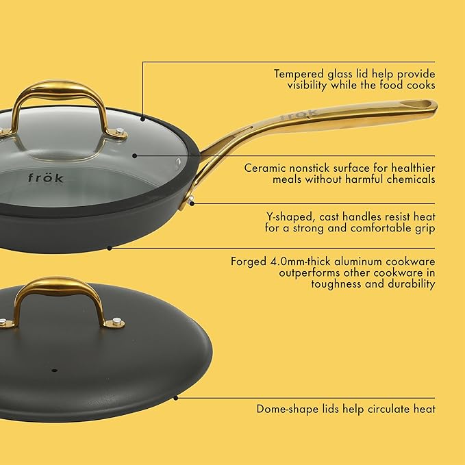 Frok 10 Piece Pots and Pans 4MM Thick Quick Heat Aluminum Cookware Set w/Premium PFA Free Ceramic Nonstick Interior Heat Resistant Exterior - Induction - Black &amp Gold