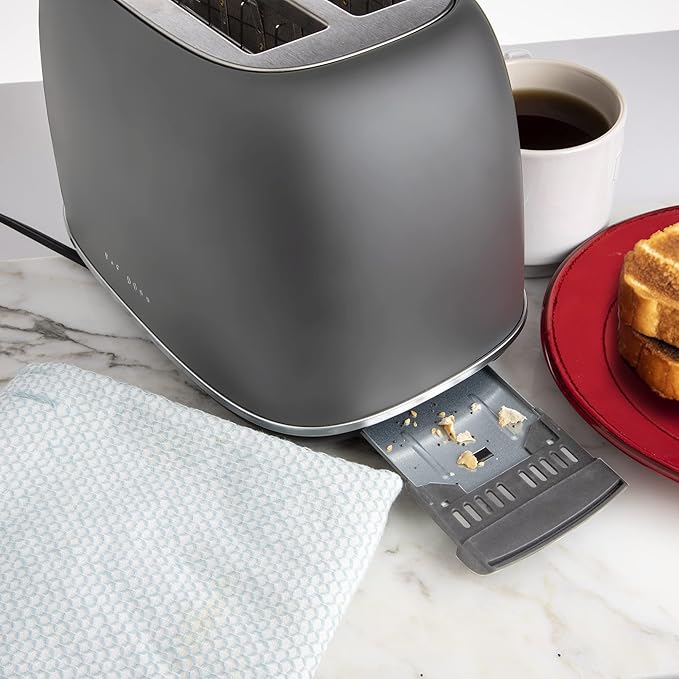 Rae Dunn Retro Rounded Bread Toaster 2 Slice Stainless Steel Toaster with Removable Crumb Tray Wide Slot with 6 Browning Levels Bagel Defrost and Cancel Options Grey