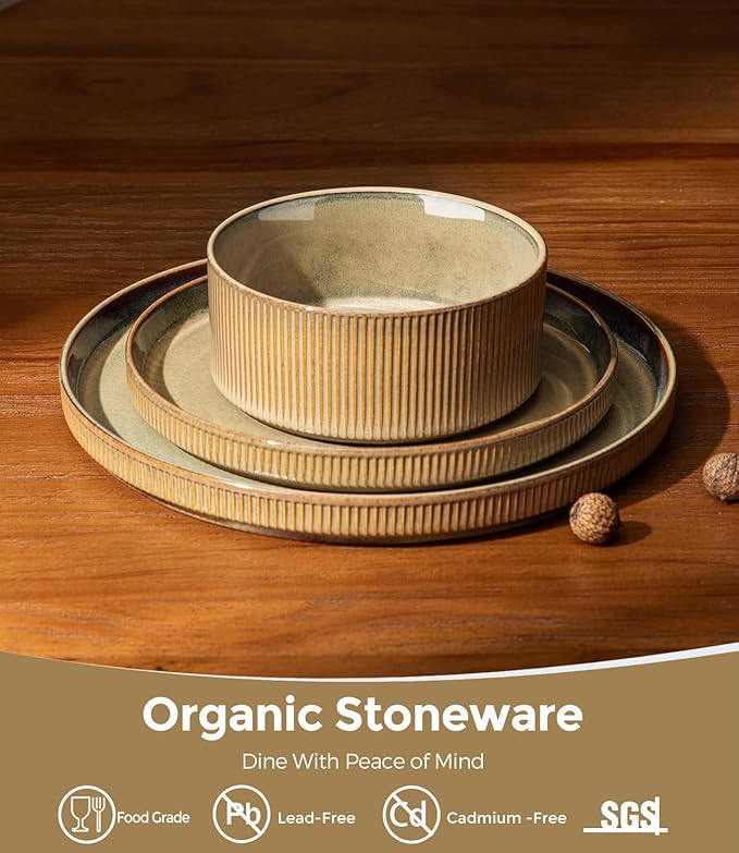 GBHOME Stoneware Dinnerware Sets for 4 12 Pieces Ceramic Ribbed Plates and Bowls Set Reactive Glaze Stackable Plate Sets Scratch Resistant Dishes Microwave &amp Dishwasher Safe Linen
