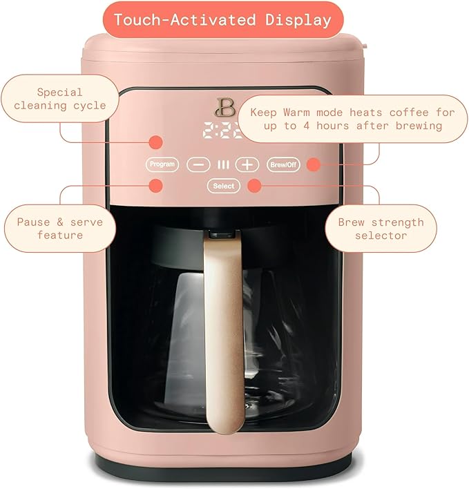 B by Drew Barrymoree Coffee Maker 14-Cup Programmable with Touchscreen 1-4 Cup Setting &amp Keep Warm (Rose)