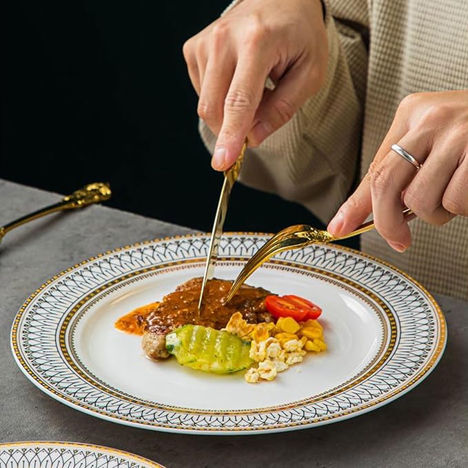 42 Piece Porcelain Dinnerware Set Light Luxury Style Translucent Dishwasher Microwave Safe Plates Bowls Scratch Resistant Dishware Sets (Gold 19 piece set)