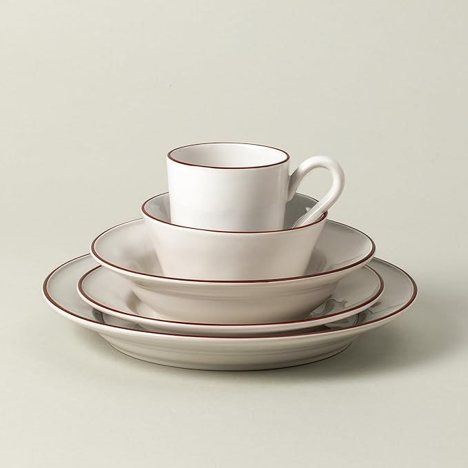 Costa Nova Ceramic Stoneware 5-Piece Place Setting Service for 1 - Beja Collection White &amp Red | Microwave &amp Dishwasher Safe Dinnerware Set | Food Safe Glazing | Restaurant Quality Tableware
