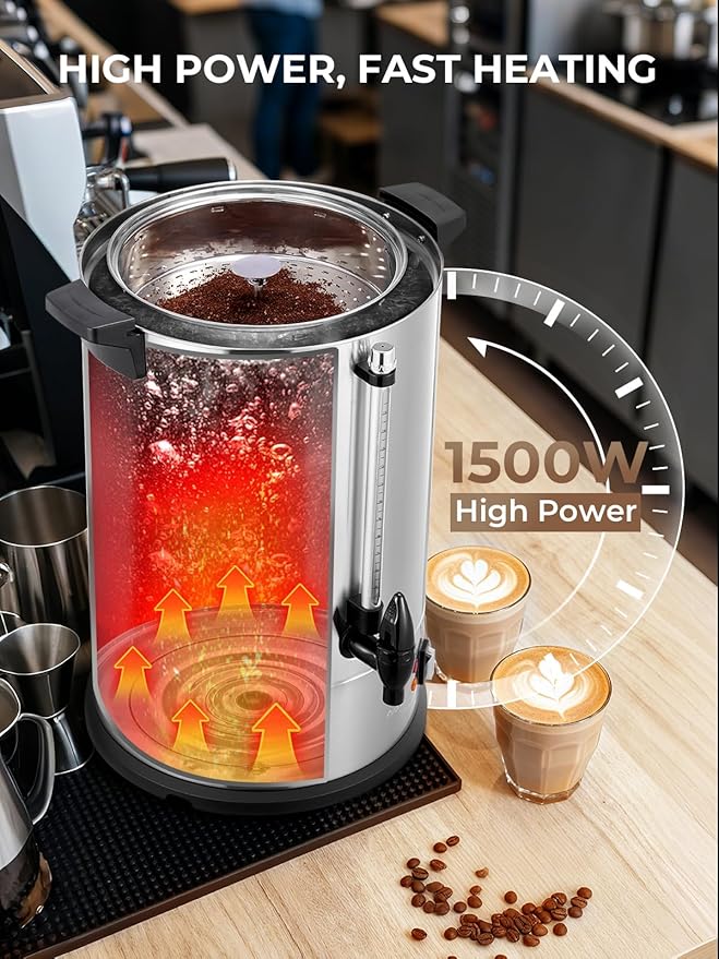 FOHERE Coffee Maker 150 Cups Commercial Coffee Urn 15 L/3.96 Gal Electric Hot Beverage Dispenser with Dripless Faucet 1500W Power Quick Brew Stays Hot for Coffee &amp Beverage Catering Party