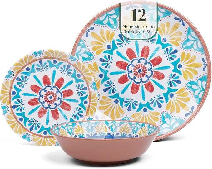 Larder &amp Vine 12-Piece Melamine Dinnerware Set: Durable Lightweight Break-Resistant Plates &amp Bowls – Stylish Non-Toxic Dishwasher Safe – Ideal for Everyday Use Indoor &amp Outdoor Dining