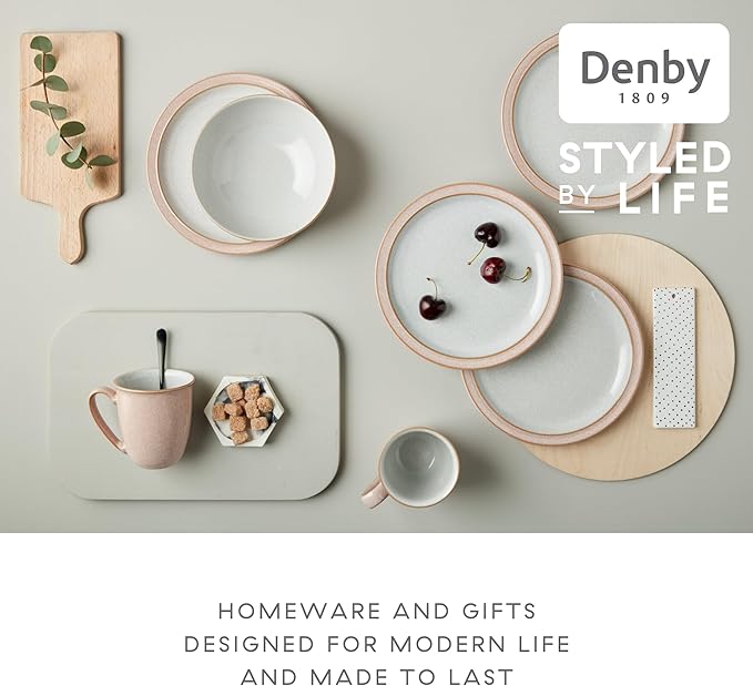 Denby - Elements Sorbet Pink Dinner Set For 1-4 Piece Ceramic Tableware - Dishwasher Microwave Safe Crockery Single Place Setting - 1 x Dinner Plate 1 x Small Plate 1 x Cereal Bowl 1 x Coffee Mug