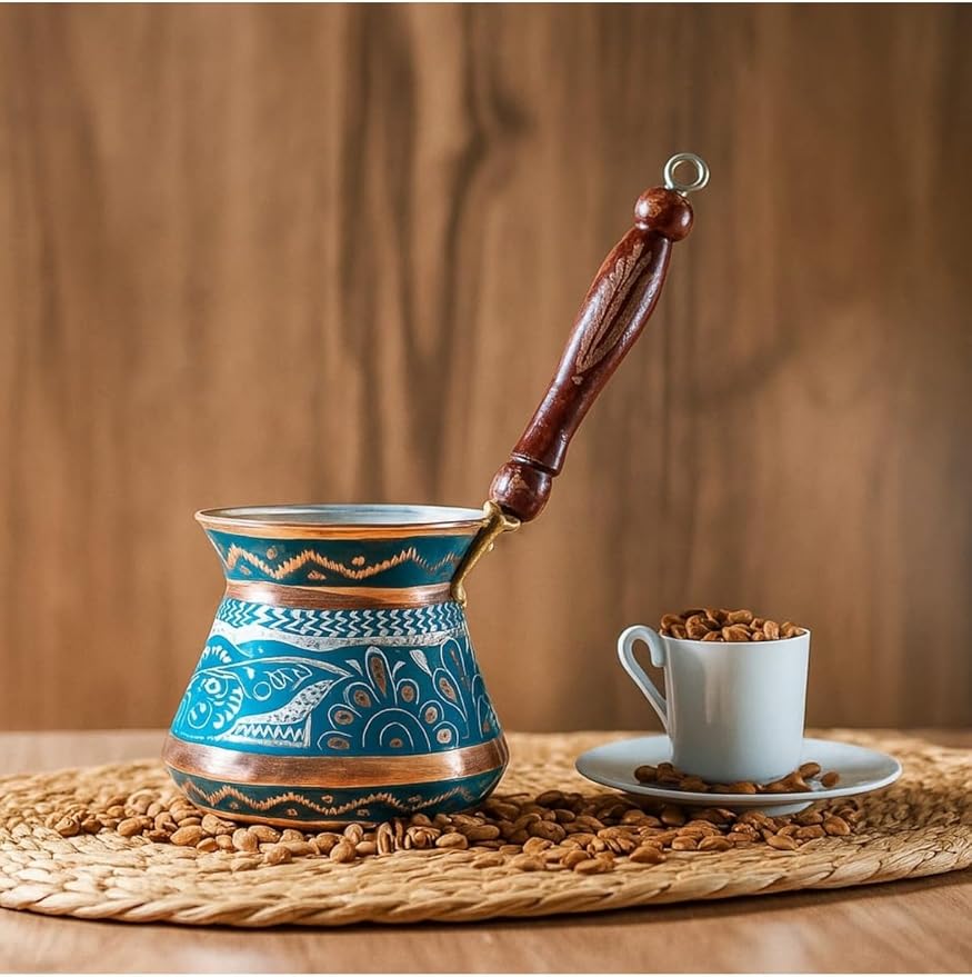 Copper Turkish Coffee Pot Cezve Tombik Hand Hammered Design for 4 People Traditional Coffee Maker Turquoise Color One Piece - Turquoise One Size