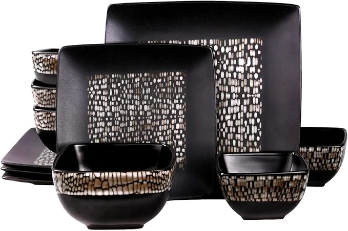 Unknown1 Geo 16 Piece Double Bowl Stoneware Dinnerware Set Brown Geometric Casual Square Microwave Safe Medium