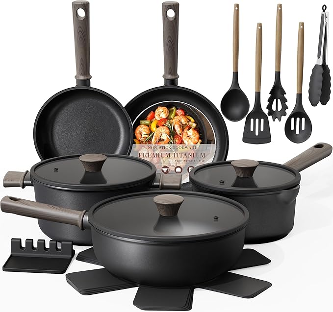 Astercook Non Stick Pots and Pans Set Healthy Non-Toxic Titanium Induction Kitchen Cookware Sets for Cooking with Frying Pans PFAS/PTFE/PFOA &amp PFOS Free Black 19 Pcs