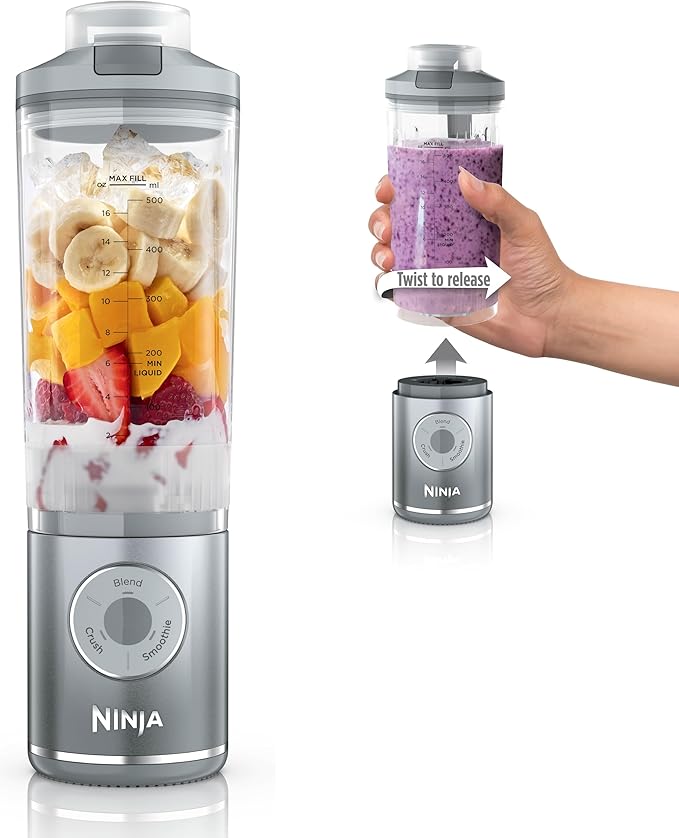 Ninja Blast Max Portable Blender + Twist &amp Go Personal Smoothie Blend Ice Crush 3 Programs Cordless 22 oz removable Vessel Dishwasher Safe Leakproof Silver BC251SL