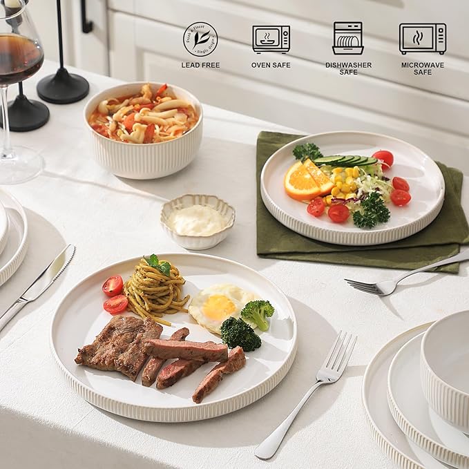 Frewinky Stoneware Dinnerware Sets for 412 Piece Kitchen Plates and Bowls SetReactive Glaze Porcelain Dinnerware Sets Scratch ResistantDishwasher and Microwave Safe Cappuccino White