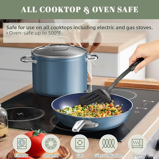 Nuwave 7pc Cookware Set Healthy Duralon Blue Ceramic Nonstick Coated Diamond Infused Scratch-Resistant PFAS Free Oven Safe Induction Ready &amp Evenly Heats Tempered Glass Lids &amp Stay-Cool H