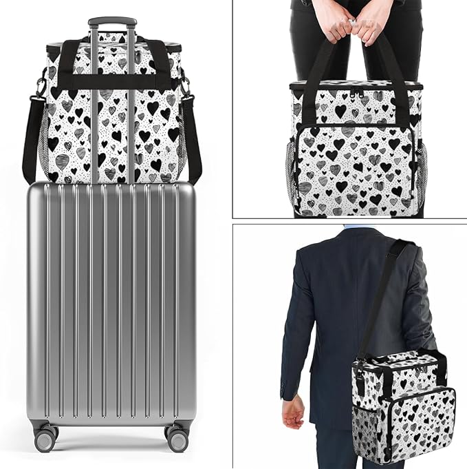 Black White heart Coffee Maker Carrying Bag Portable Travel Storage Tote Bag Compatible with K-Mini or K-Mini Plus Single Serve Coffee Brewer Carrying Case with Multiple Pockets &amp Shoulder Strap