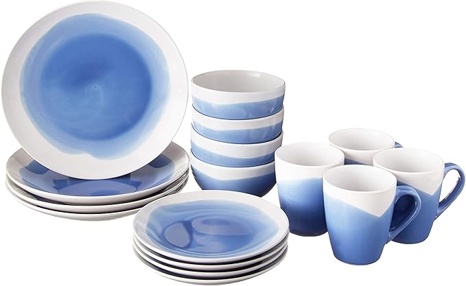 American Atelier Round Dinnerware Sets | Blue &amp White Kitchen Plates Bowls and Mugs | 16 Piece Stoneware Oasis Collection 10.5 x 10.5 | Dishwasher &amp Microwave Safe | Service for 4